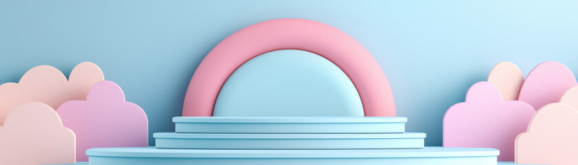 Abstract pastel podium with geometric shapes and clouds on a light blue background, perfect for product display or minimalistic design.