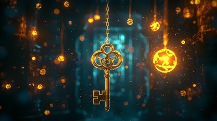 Enchanted Levitating Key Amidst Glowing Orbs and Mystical Symbols