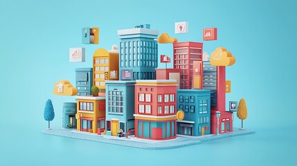 A colorful 3D cityscape illustration features buildings, clouds, and icons, bringing a modern urban vision to life.