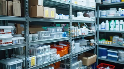 Poster - medical supplies organized in a storage room, ready for patient care