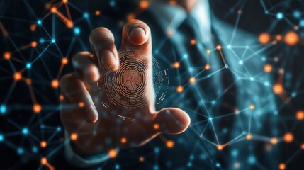 Poster - Network security is enhanced as a businessman scans his fingerprint to unlock access to sensitive data