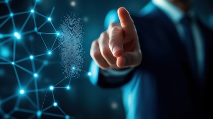 Poster - Network security is enhanced as a businessman scans his fingerprint to unlock access to sensitive data