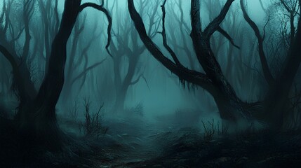 dark misty forest panorama fantasy halloween landscape