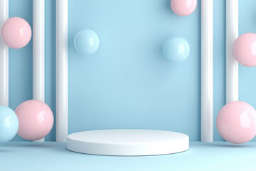Poster - Minimalistic abstract background with pastel blue and pink spheres floating around a white pedestal on a light blue backdrop, modern design concept.