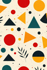 Poster - Retro abstract geometric pattern with triangles, circles, and leaves in bright colors on a beige background. Perfect for digital backgrounds.