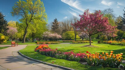 Wall Mural - Scenic view of a park in spring with blossoming trees and colorful flower beds, offering a tranquil setting for enjoying the season's beauty