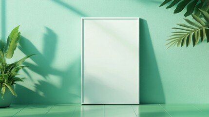 Vertical advertising billboard in a contemporary interior, featuring a tiled floor and teal backdrop, ideal for showcasing marketing displays in a minimalist environment