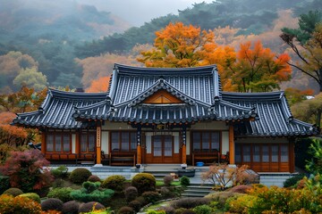 Wall Mural - Serene Autumn Scene of a Traditional Asian House Surrounded by Vibrant Foliage