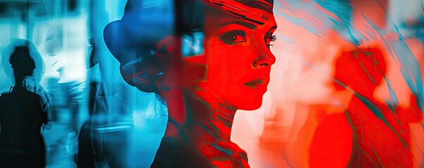 A striking portrait showcasing a woman's captivating gaze amidst vibrant red and blue hues, blending emotion with artistic flair.