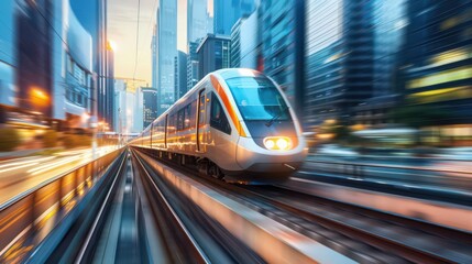 Poster - Show a sleek passenger train speeding through a modern cityscape with tall buildings and busy streets in the background