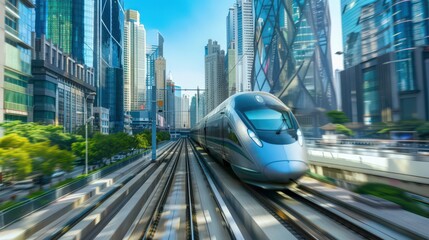 Poster - Show a sleek passenger train speeding through a modern cityscape with tall buildings and busy streets in the background