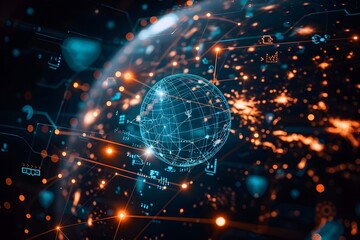 Poster - Futuristic Digital Globe Surrounded by Data Connections and Light Trails