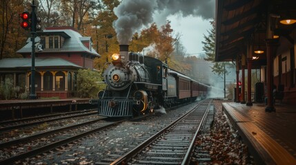 Show a traditional passenger train steam engine arriving at a quaint station with historical charm and vintage signage