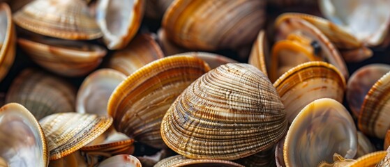 A close-up photo shows a vast array of beige and yellow seashells with dark stripes, some closed and others slightly open, emphasizing their intricate textures and patterns.