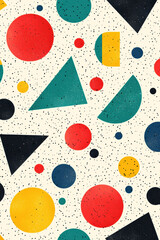 Poster - Abstract geometric pattern with retro colors and shapes including circles, triangles, and semi-circles on a speckled background. Vibrant and playful design.