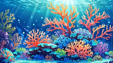 A vibrant underwater coral reef bursting with colorful corals and marine life, illuminated by sunlight streaming through the water.