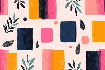 Aufkleber - Colorful abstract pattern with geometric shapes and leaves. A vibrant and modern design perfect for backgrounds, wallpapers, and textile prints.