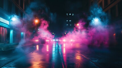 Wall Mural - smoky stage with spotlights, night street, neon.