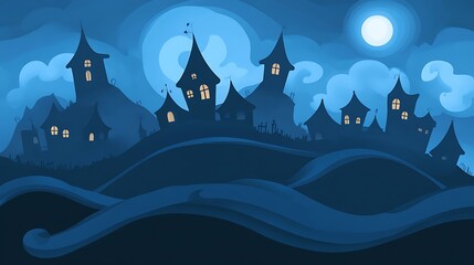 Wall Mural - Spooky Haunted Houses on Misty Hills Vector Illustration - Halloween Design Element in Deep Blue