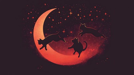 Wall Mural - Eerie Black Cats Leaping Over Crescent Moon Vector - Dark Red Halloween Decoration with Twinkling Stars Illustration