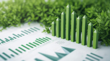 Eco-friendly business growth concept with green graph bars and lush foliage, representing sustainable development and environmental progress.