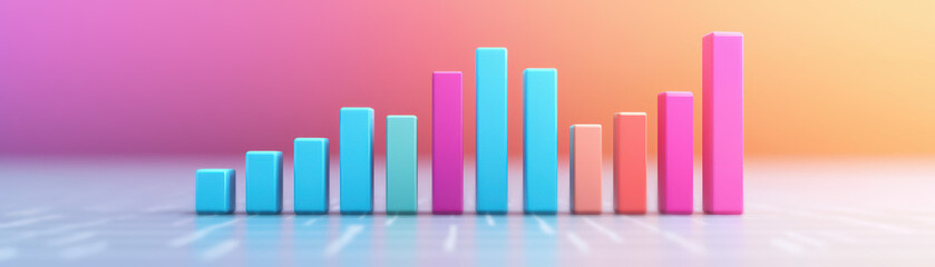 Poster - Colorful  bar chart on a digital grid background representing data analytics, growth, and progress in business.