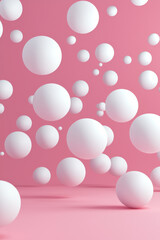 Poster - Abstract   of white spheres floating against a pink background, creating a captivating visual effect of motion and volume.
