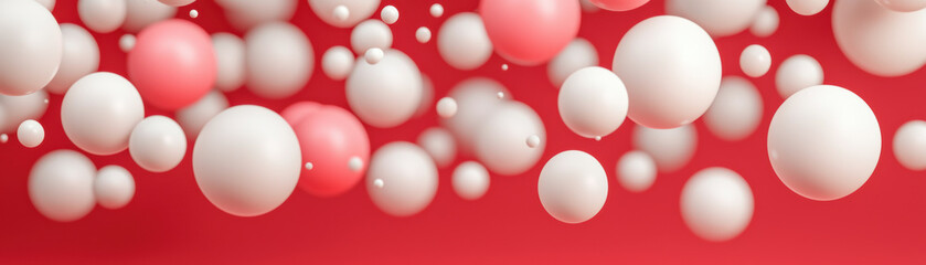 Poster - Elegant  abstract spheres floating gracefully across a vibrant red background creating a dynamic and modern visual effect.