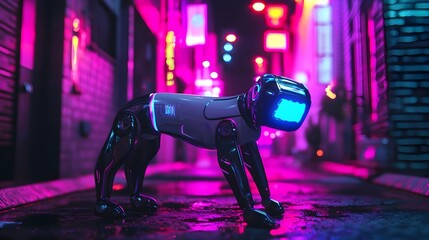 Wall Mural - Futuristic Robot in Neon-Lit Urban Alleyway at Night