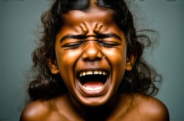 Wall Mural - upset indian girl screaming, crying on grey backdrop. shock, emotional breakdown and depression