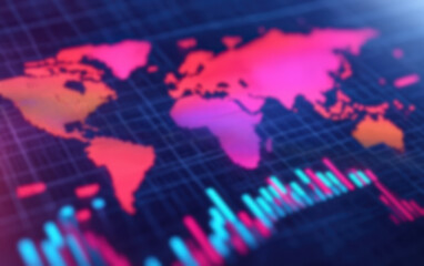 Poster - Vibrant digital world map with abstract glowing patterns, indicating global data analytics and trends on a futuristic grid background.