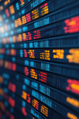 Poster - Blurred financial stock market numbers on a digital screen showcasing fluctuating data. Ideal for finance, investment, and trading concepts.