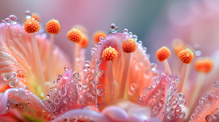 Wall Mural - Macro shot of flower pollen - Individual pollen grains resting on a flower in bright colors.