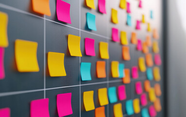 Poster - Colorful sticky notes arranged on a blackboard, creating a vibrant and organized workspace for brainstorming and planning ideas.