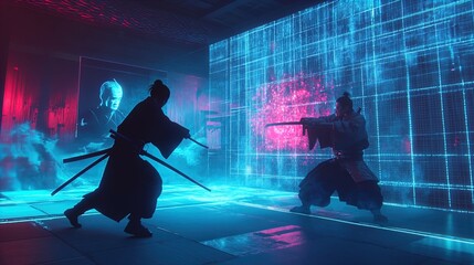 Two figures, dressed in traditional samurai attire, are poised in a dramatic sword fight against a backdrop of vibrant neon lights and digital screens. The scene has a futuristic atmosphere with blue 