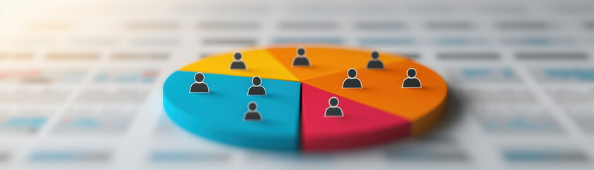 Poster - Colorful pie chart with human icons representing market segments or demographic statistics on a blurred paper background.