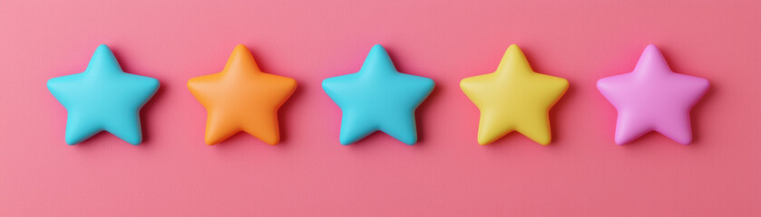 Wall Mural - Colorful star-shaped objects arranged in a row on a vibrant pink background, perfect for playful and creative projects.