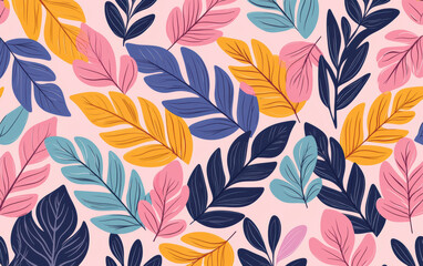 Wall Mural - Colorful seamless pattern with tropical leaves in various shades on a pink background, perfect for textiles, wallpapers, and interior design.