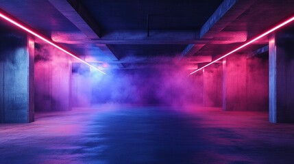 Wall Mural - underground concrete room, neon, smoke.