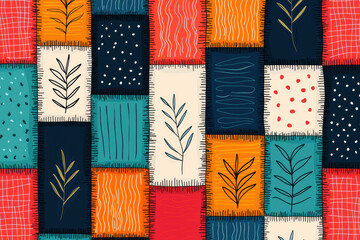 Poster - Colorful geometric patchwork pattern with various textures, lines, and leaf motifs combined in a vibrant and artistic arrangement.