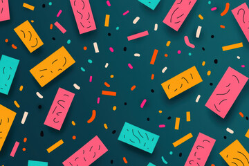 Poster - Vibrant colorful abstract pattern with geometric shapes and confetti on a dark teal background. Playful and modern design perfect for backgrounds and decor.