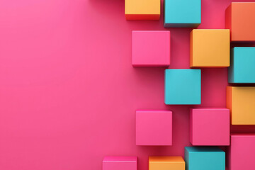 Poster - Abstract background with colorful cubes on vibrant pink backdrop. Geometric shapes with bright, contrasting colors create a dynamic visual effect.
