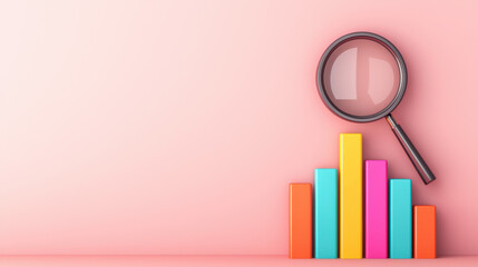 Poster - Colorful bar graph with magnifying glass symbolizing data analysis and business growth on a pastel pink background.