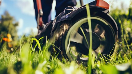 Gardener trimming grass with power tool in yard