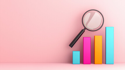 Poster - Colorful bar chart with magnifying glass on pink background, symbolizing data analysis and business growth.
