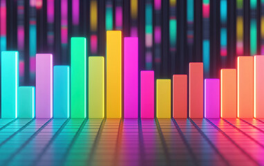Poster - Colorful  bar graph with vibrant neon lights on a reflective surface, representing data visualization and modern business analytics.