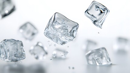 CG Floating Ice Cubes: Perfectly clear CG ice cubes hovering above a white background, with detailed textures and light reflections.
