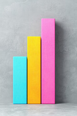 Poster - Colorful wooden blocks arranged in vertical bar chart form against a concrete wall background. Symbolizing data analysis, growth, and progress.