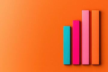 Poster - Bright colorful bar graph with four vertical bars on vibrant orange background, representing data analysis, statistics, growth, and business insights.
