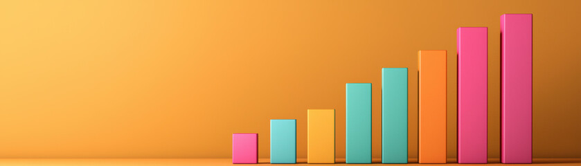 Poster - Colorful  bar chart with varying heights on an orange background, representing statistical data and business growth.